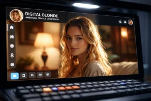 a video of a digital blonde american female companion