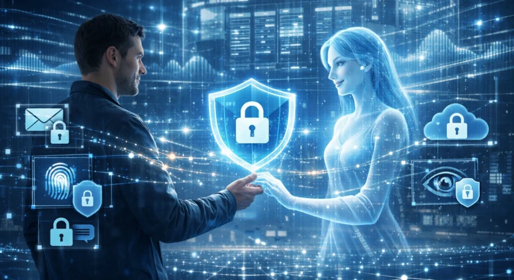 privacy and data protection in virtual AI companions showing encrypted conversations and secure human AI interaction